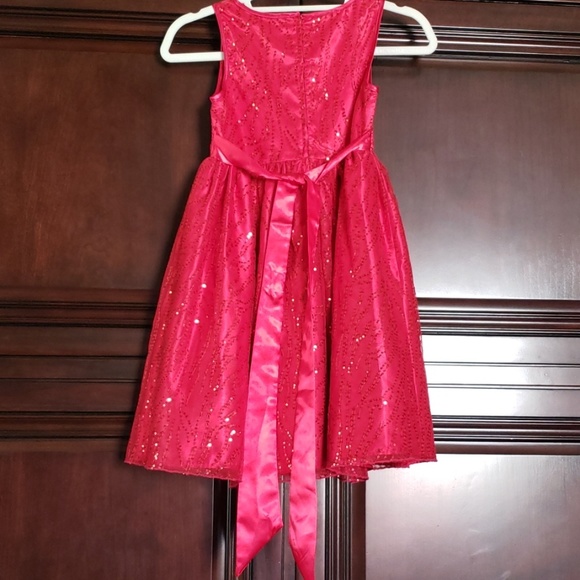 Red sequin holiday dress with satin waist tie - Picture 3 of 7